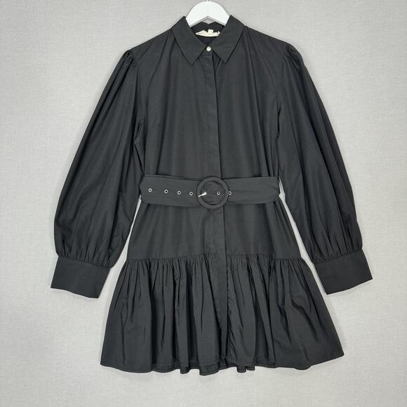 Wishing Waves Belted Shirt Dress Womens Large Black Poplin Mini Ruffle Hem - Picture 2 of 15